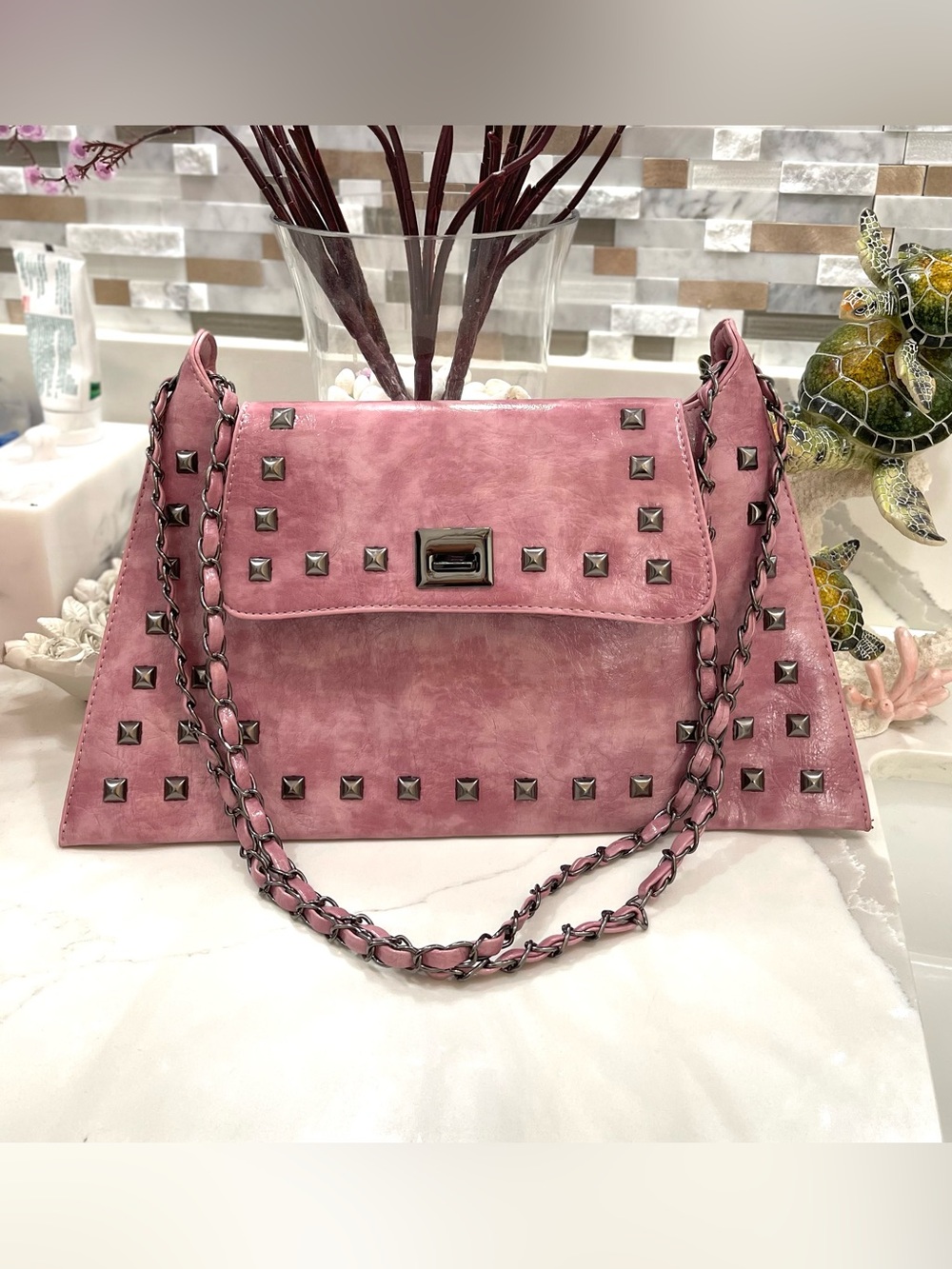 Women’s Pink Studded Chain-strap Shoulder Bag